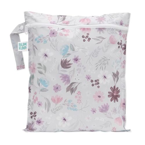 Bumkins Waterproof Wet Bag for Baby, Travel, Swim Suit, Cloth Diapers, Pump Parts, Pool, Beach, Gym Clothes, Toiletry, Hook to Stroller, Daycare, Zipper Reusable Wetdry Packing Pouch, Florals Gray