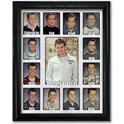 Northland School-Years Picture Frame Personalized - Holds Twelve 2.5" x 3.5" School Photos and 5" x 7" Kindergarten to Graduation Picture, Black Frame, White Mat, Customizable with any name