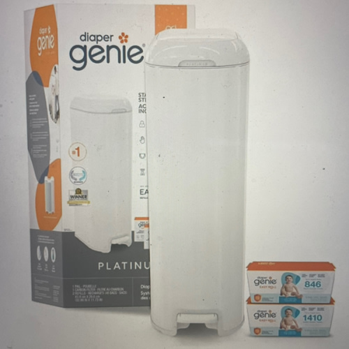 Diaper Genie Platinum Diaper Pail Gift Set | Hands-Free Odor Control with Foot Pedal | Stainless Steel Baby Diaper Pail | Includes 2 Easy Roll Refills 48 Bags Total | Baby Registry Must-Have