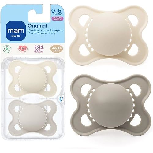 MAM Original Baby Pacifier 0-6 Mths, Skin Soft Silicone Nipple, 2 Pack