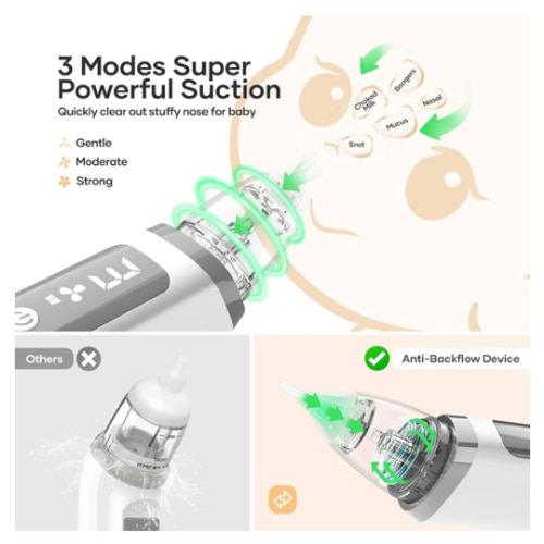 Nasal Aspirator for Baby - Baby Nose Sucker with 3 Suction Levels, Baby Nasal Aspirator, Electric Nose Suction for Baby with 3 Silicone Tips Music and Light, Rechargeable Snot Nose Sucker for Babies
