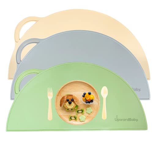 Baby Placemats with Suction - Upward Baby Non Slip 3 Piece Silicone Placemat Set for Kids Babies and Toddlers - BPA Free