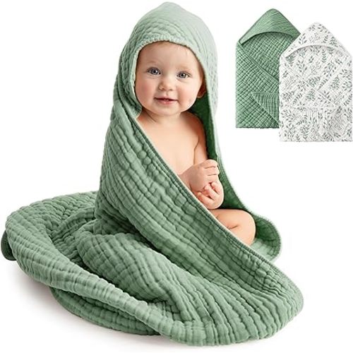 Lot de 2 serviettes de bain pour bébé, 100 % mousseline de coton, serviettes à capuche pour nouveau-né, nourrisson et tout-petit, douces et absorbantes, unisexe, taille L, 81,3 x 81,3 cm