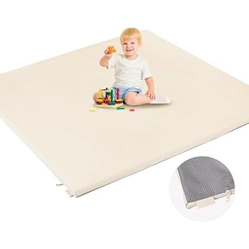 Padded Baby Play Mat, Super Soft Vegan Leather Floor Mat for Baby Girls and Boys, 48x48 Non-Slip Thick Foam Cushioned Play Mat for Babies 6-12 Months, Fits Nicely Into 50x50 Playpen Mat, Beige