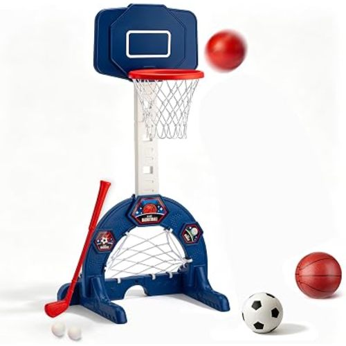 Toddler Basketball Hoop with Soccer Goal, Golf Game, Adjustable Height