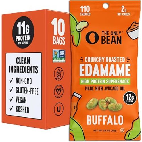 The Only Bean Crunchy Roasted Edamame Snacks (Buffalo) – High Protein (11g), Low Carb Keto Vegan Office Snack, Gluten Free Healthy Snacks for Adults and Kids, 0.9oz (Pack of 10)