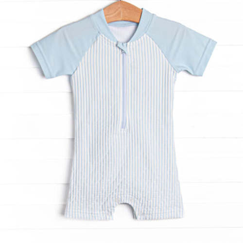 Sandy Shore Seersucker One Piece Rash Guard, Blue – Stitchy Fish