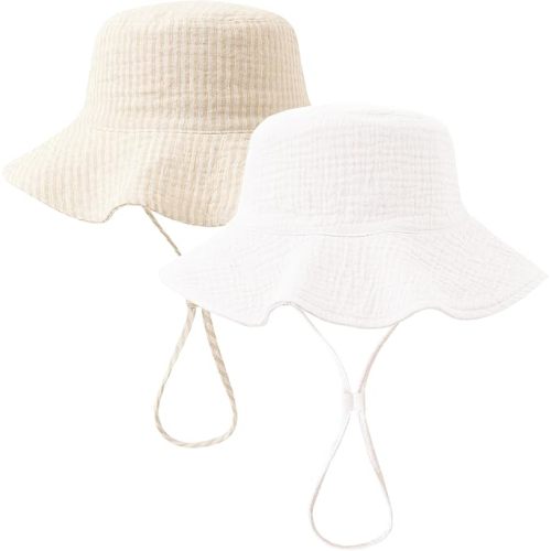 Konssy 2-Pack Muslin Baby Girl Sun Hats with Wide Brim, UPF 50+, 0-6& 6-12M