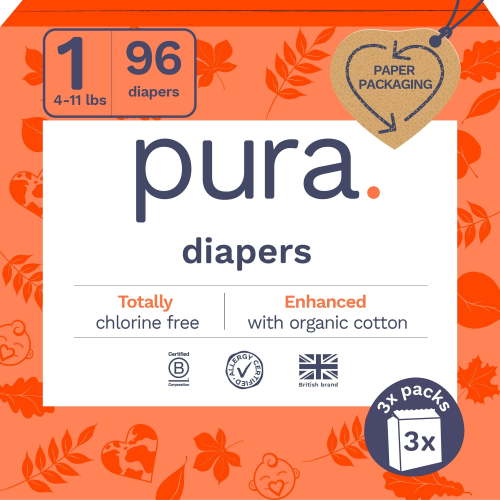 Pura Sensitive Soft Sustainable Baby Diapers Size 1, 96 Count