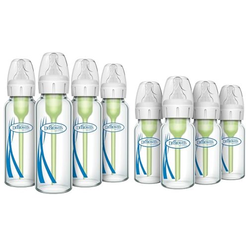 Dr. Brown's Anti-Colic Options + Narrow Glass Baby Bottle with Level 1 Slow Flow Nipple, BPA-Free, 0m+, 4 oz/120mL, 4-Pack + 8oz/250mL, 4-Pack
