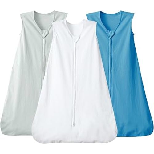 david's kids 3 Pack 100% Cotton Baby Sleep Sack 6-12 Months, Soft Baby Wearable Blankets with 2-Way Zipper, Comfy Sleeping Bags for Infant Newborn Boys Girls Neutral, Medium Size, White & Grey & Blue
