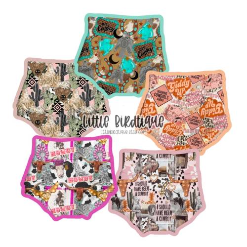 Western Howdy Cowgirl Highland Cow Giddy Up Outfit Pieces Rose Knot Top Knot Messy Wrap Bow Headwrap Nylon Clip Piggies Bummies Bells