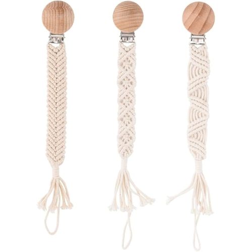 Pacifier Clip for Boys Girls Boho Handmade Braided Baby Pacifier Holder Leash Wooden Clips Cotton Unisex Baby Shower Birthday Gift Christmas Gift (Pattern 2)