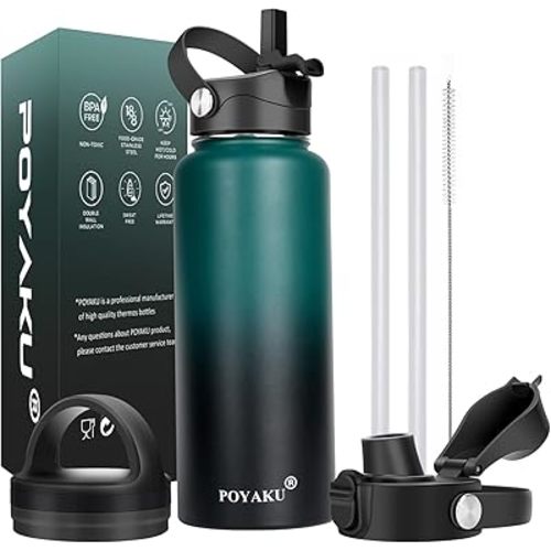 Water Bottle Insulated 32oz 40oz 64oz 128oz Straw Lid Spout Lid & 3 Lids, Leak Proof, Vacuum Insulated,Stainless Steel Water Bottle Wide Mouth for Sports, Gym or Office
