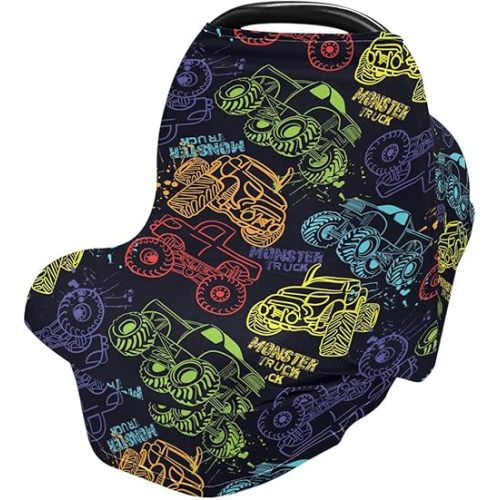 Colorful Monster Truck Baby Car Seat Covers Spray Paint Grunge Car Carseat Canopy Soft Infant Stroller Cover Nursing Breastfeeding Covers for Girls Boys Newborn Fit Summer Spring Autumn