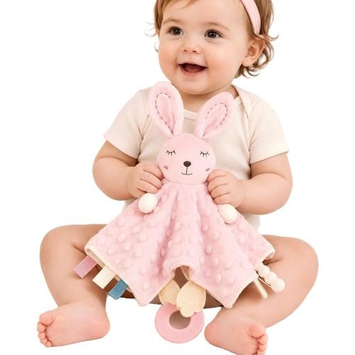 ZIGJOY Baby Girl Lovey, Pink Bunny Security Blanket with Crinkle & Teether
