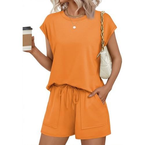 Ekouaer Two Piece Sets for Women Summer Crew Neck Lounge Short Sets Cap Sleeve Drawstring Vacation Outfits with Pocket