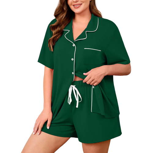 SHOWMALL Plus Size Pajama Set for Women, 2 Piece Short Sleeve Sleepwear with Pockets, Dark Green 4X Casual Loungewear for Home Vacation Spa, Perfect Birthday Gift