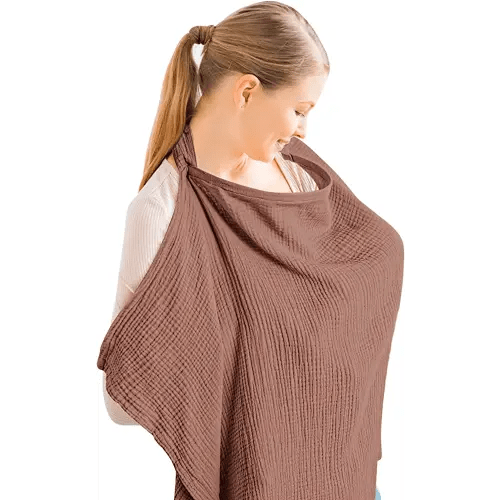 Konssy Muslin Nursing Cover for Baby Breastfeeding, Breathable 100% Cotton Breastfeeding Cover with Rigid Hoop for Mother Nursing Apron, Multi-use Carseat Canopy (Chestnut)