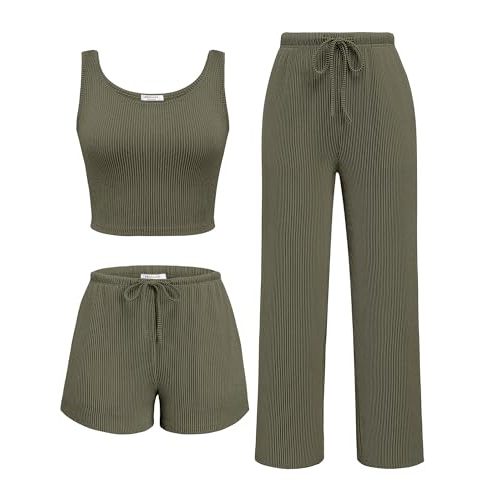 Ekouaer Women's 3 Piece Lounge Set Soft Twisted Rib Knit Summer Vacation Outfits Crop Top Shorts & Pants Set With Pokcet