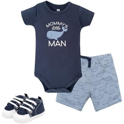 Hudson Baby Unisex Baby Cotton Bodysuit, Shorts and Shoe Set