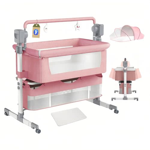 Luourzme Electric Baby Crib Co-Sleeping Baby Bassinets, Convertible Baby Bedside Crib, Foldable Newborn Bedside Bed, and Portable Cradle with Mattress and Bluetooth Music Speaker(Pink)