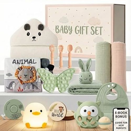 New Baby Gift Basket 21-Piece Set | Refined Newborn Baby Gift Set for Boy & Girl | Gender Reveal Gifts & New Mom Gifts Bundle | Essential Newborn Toys & Acc. Included in Elegant Keepsake Magnet Box