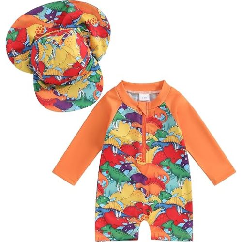 Toddler Infant Baby Boys Swimsuit Kids Rash Guard One Piece Newborn Zipper Bathing Suit Swimwear with Hat