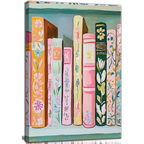 Pastel Book Canvas Wall Art Modern Study Colorful Books Decor Pictures Girl Reading Bookworm Nook Paintings Poster Prints for Home Decoration Classroom Bathroom Bedroom Living Room Decoration