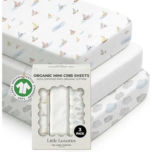 100% Organic Cotton Baby Crib Sheets (3-Pack) – GOTS Certified, Soft Fitted Sheets for Mini Mattress & Pack n Play, 5 in Deep Pocket with Secure Elastic Fit, Boys & Girls, (27" x 39") Watercolors