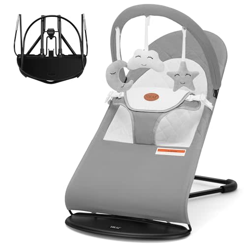 HKAI Baby Bouncer, Portable Baby Bouncer Seat for Babies 0-18 Months, 100% Cotton Fabrics, 3 Modes of use with Rocker and Stationary Options, Infant Rocker Chair with Hanging Toys-Light Grey