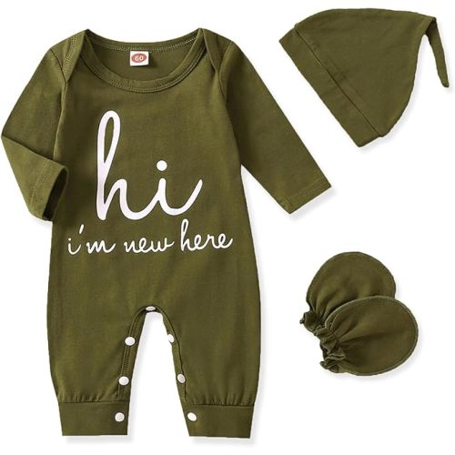 GRNSHTS Newborn Baby Boy Romper Coming Home Outfits Letter Print Bodysuit Jumpsuit+Hat+Gloves 3PCS Clothes Set