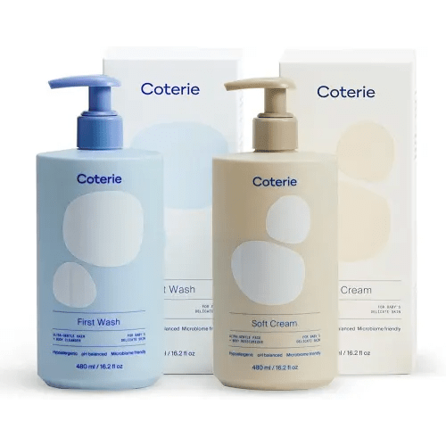 Coterie Baby Bath Skincare Essentials Set | 16.2 oz Shampoo + Body Wash, 16.2 oz Face + Body Lotion | Fragrance Free, Hypoallergenic, pH Balanced, Safe for Newborns & Sensitive Skin