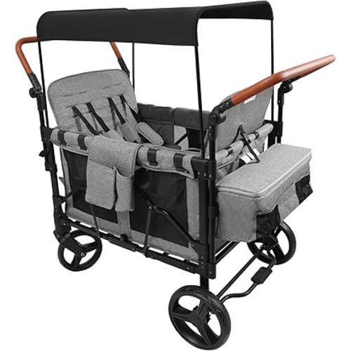 Wagon Stroller for 4 Kids, Push Pull Collapsible Stroller with 5-Point Safety Harness & Removable Canopy, 4-Seater Stroller Wagon for 0-6 Years Kids, for Camping Shopping (Grey, 4-Seater)