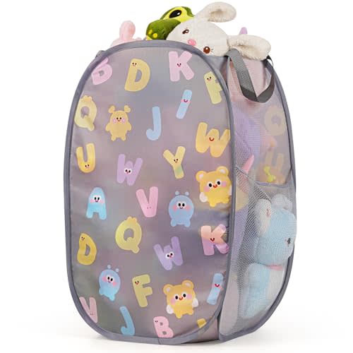 Collapsible Pop Up Hamper for Baby Clothes or Toys Storage, Mesh Hamper with Handles & Side Pocket, Multi-Use Laundry Hamper & Toy Basket, Portable for Home, Travel, Dorm (Gray-Vertical)