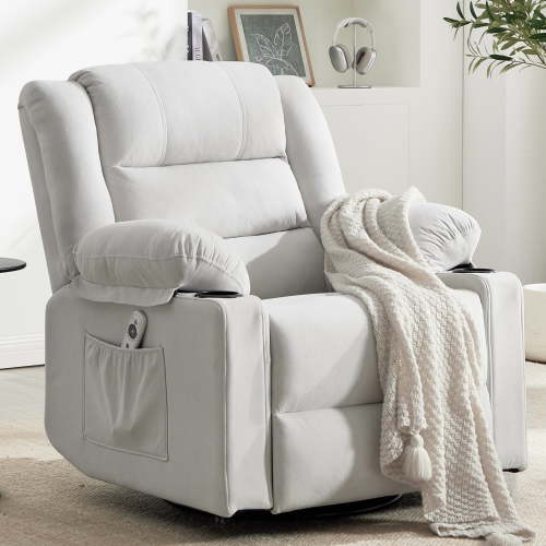 Swivel Rocking Recliner Chair for Adults, Overstuffed Manual Rocker Nursery Recliner Glider, Upholstered Fabric Reclining Single Sofa Chair for Living Room (Beige)