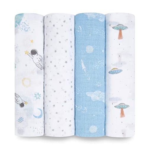 aden + anais Essentials Swaddle Blanket, Boutique Muslin Blankets for Girls & Boys, Baby Receiving Swaddles, Ideal Newborn & Infant Swaddling Set, Perfect Shower Gifts, 4 Pack, Space Explorers