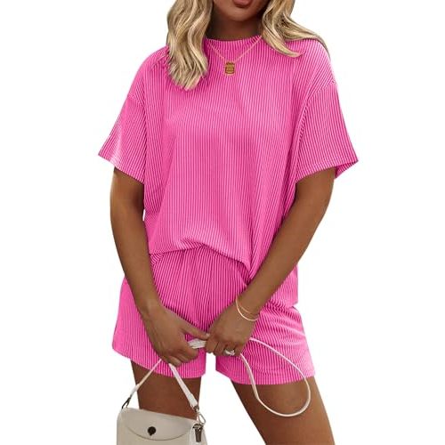 Ekouaer Womens Pajama Sets Short Sleeve Lounge Sets 2 Piece Pjs Tops and Shorts Outfits Matching Loungewear with Pockets