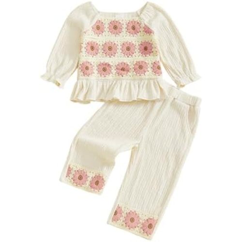 Baby Girl Cotton Linen Clothes Bow Flower Print Ruffle Long Sleeve Smocked Shirt Top Wide Leg Pants 2Pcs Fall Clothes