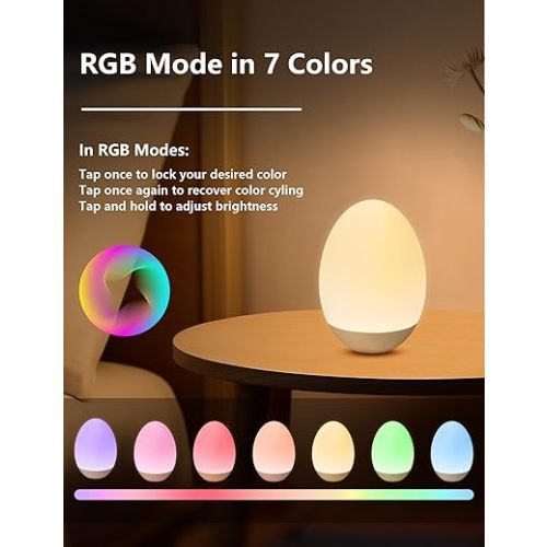 Egg Night Light for Nursery: Baby Night Lights Tap Lamp Stepless Dimming with Warm White and 7 RGB Colors Rechargeable Portable for Infant and Kids Bedroom Breastfeeding Sleep Aid