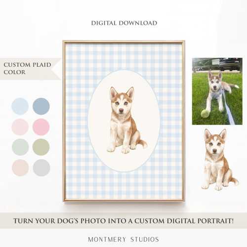 Custom Puppy Nursery Art, Dog Portrait from Photo, Personalized Plaid (Blue, Pink, Green, Beige, Gray) Dog Nursery Decor for Baby Boy, Girl
