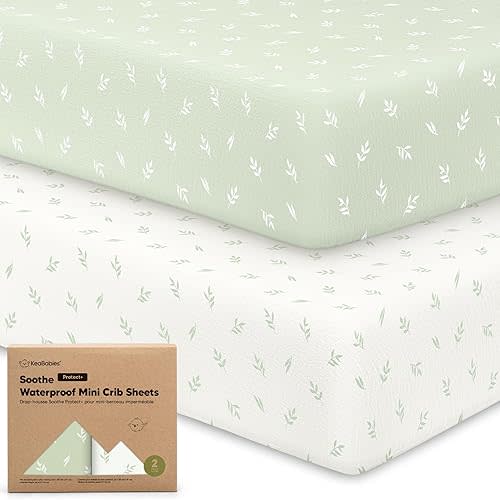 2 Pack and Play Sheets, Waterproof Mini Crib Sheets Fitted - 38x26 Organic Cotton Pack N Play Sheets for Graco Pack and Play Mattress, Playard Baby Crib Sheets, Neutral for Boy, Girl, Toddler (Herb)