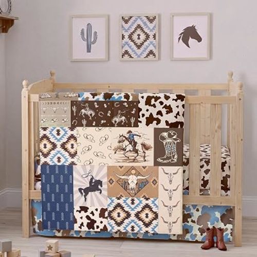 Peryiter 3 Pcs Blue Western Cowboy Crib Sheet Set Baby Crib Bedding Set Includes 52"x28" Fitted Sheet, Quilt, Bed Skirt for Newborn Boy Girl Nursery Cute Newborn Sheets Decor