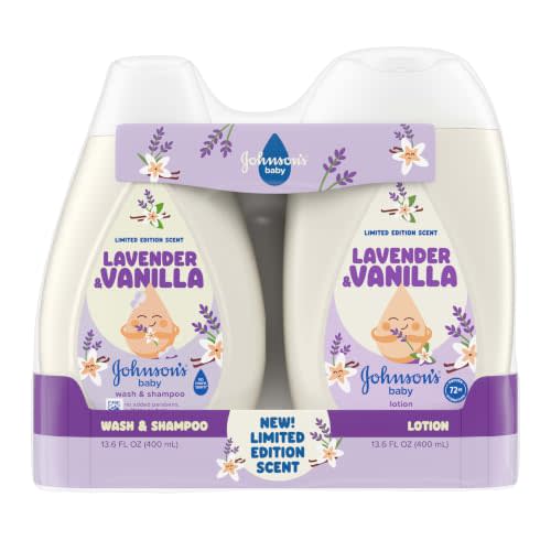 Johnson’s Baby Lavender & Vanilla Scent Wash & Shampoo + Lotion Bundle | Limited Edition Baby Wash & Shampoo, Lavender & Vanilla Scent, No Added Parabens, Dyes, & Sulfates, Pediatrician Tested