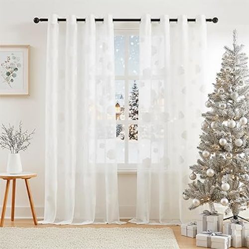 White Lace Sheer Curtains for Living Room Elegant Cloud Pattern Semi Sheer Window Curtains for Home Decor Light Filtering Privacy Airy Drapes for Bedroom with Grommet Top, 55" W x63 L, 2pcs