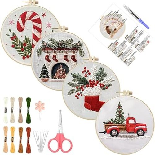 Christmas Embroidery Kit, Christmas Gnomes Embroidery Kits for Beginners with Pattern, DIY Adult Cross Stitch Kits with Needles and Thread Included (4 Mix G)