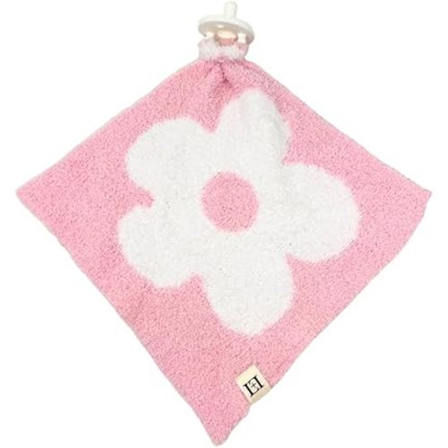 Baby Lovey Pacifier/Teether Holder 10"x10" - DreamSoft Knitted Cuddly Soothie Reversible Mini Comfort Blanket - Cute Newborn Gift Essential for Babies Boys and Girls (Flower Pink/White)