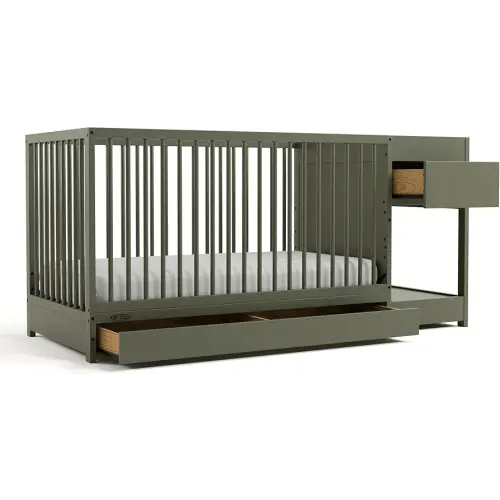 Graco Teddi 5-in-1 Convertible Crib & Changer with Drawer (Olive) – GREENGUARD Gold Certified Baby Crib Crafted from Wood, Converts to Toddler Bed, Daybed, and Full-Size Bed