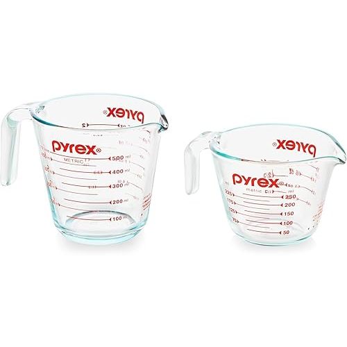 Pyrex Essentials (2-Pack) Glass Measuring Cups Set, (1 & 2 Cup) Measuring Cups For Prepping, Baking and Cooking, Preheated Oven, Dishwasher, Freezer, and Microwave Safe