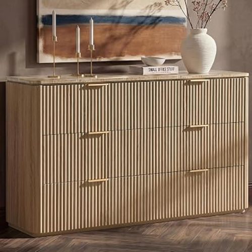 54"W Fluted 6 Drawer Bedroom Dresser, with Faux Marble Top,Natural Oak